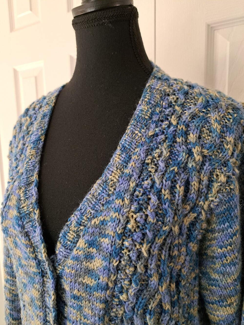 Hand Knit Blue Variegated Cardigan Longline Textured Knit Button Front Handmade